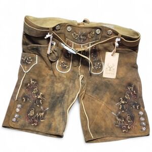 AlpsOak Mens Leather Lederhosen Oktoberfest Trachten Wear Brown‎ Embroidered